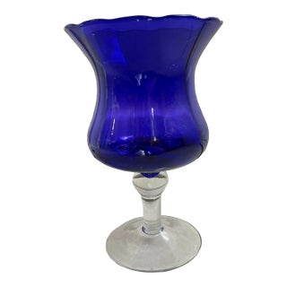 Vintage Blue Glass Pedestal Footed Vase For Sale