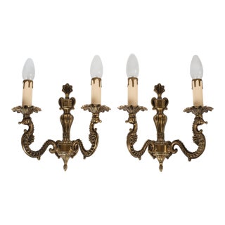 1960s Spanish French Neoclassical Cast Brass 2-Light Sea Horse Wall Sconces - A Pair For Sale