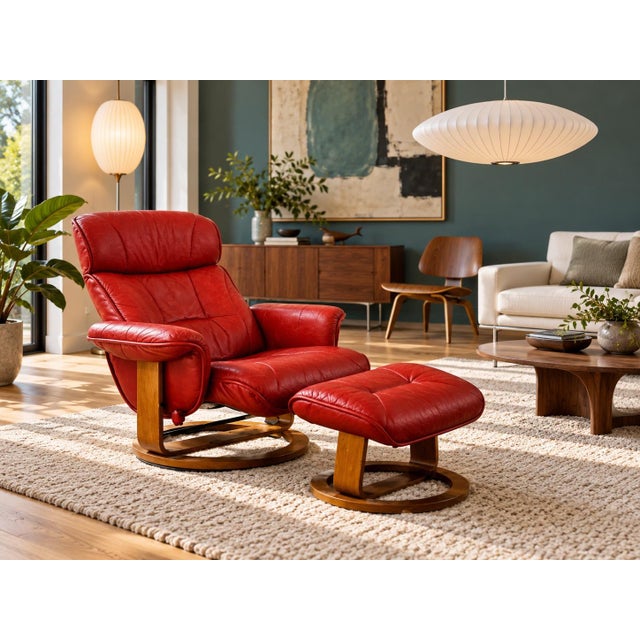 Details: Modern Fun ChairWorks Red Leather Upholstered Reclining Swivel Armchair and Ottoman, circular tripod bases, each...