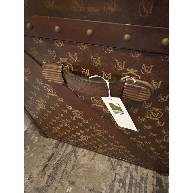 Large Leather Wrapped Maitland Smith Trunk With Wooden Mounts For Sale - Image 14 of 16
