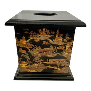 Chinese Black Lacquered Wood Tissue Box With Landscape Scenes. Chinoiserie For Sale