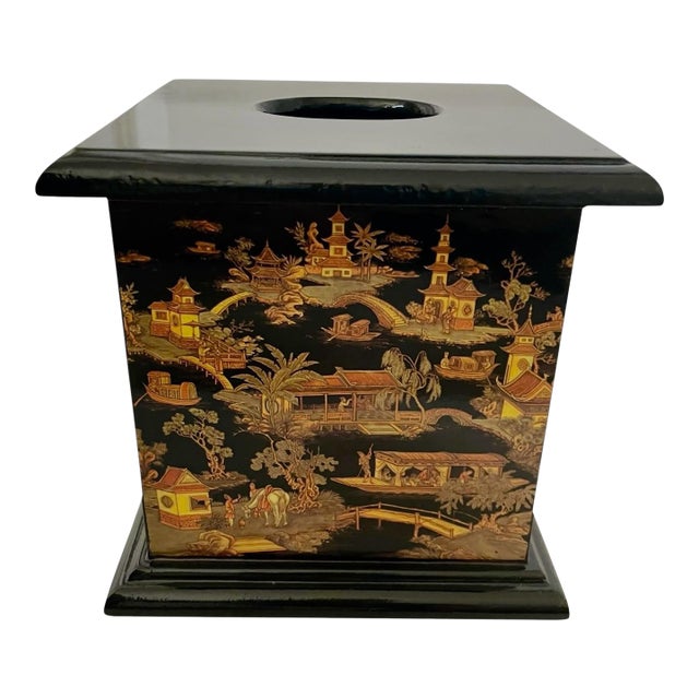 Chinese Black Lacquered Wood Tissue Box With Landscape Scenes. Chinoiserie For Sale