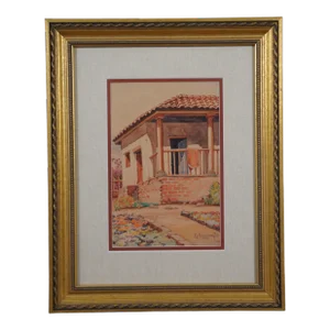 Mid Century Southwestern Impressionist Watercolor Panting Stucco Cottage Framed