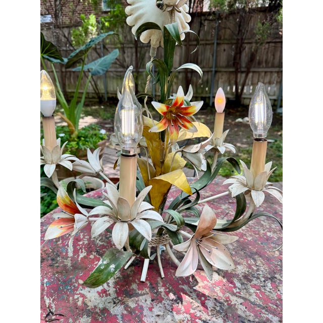 Gorgeous Vintage 1960’s Polychrome Metal 5 Arm Tole Chandelier from France or Italy. Decorated with Whimsical Hand painted...