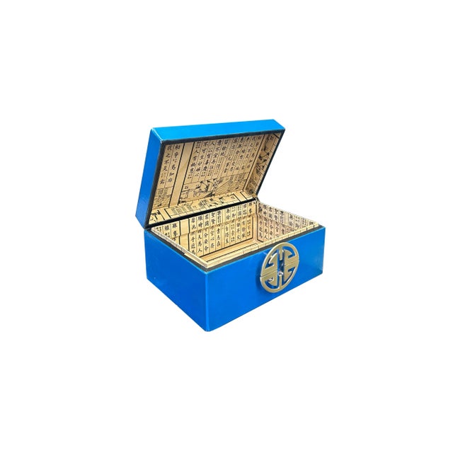Asian Medium Oriental Round Hardware Bright Blue Rectangular Container Box For Sale - Image 3 of 6