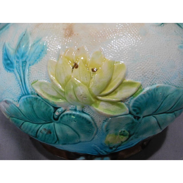 Green Antique Majolica Water Pitcher Samuel Lear Pond Lily Rope C 1875 Hand Painted Hanley England English Polychrome Twig Form Raised Decorations For Sale - Image 8 of 9