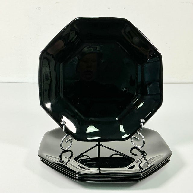 Glass 1980s Post Modern French Arcore Black Glass Octagonal Salad Plates - Set of 4. For Sale - Image 7 of 11