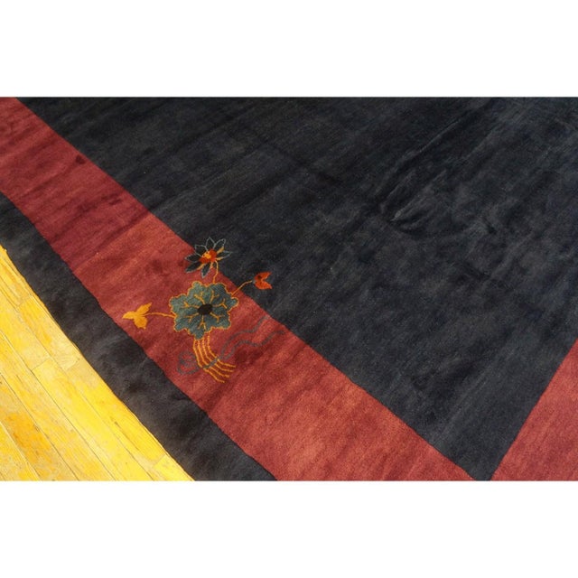 1920s Solid Blue Open Field Antique Chinese Art Deco Knotted Rug 11' 2" X 14' 2" For Sale - Image 4 of 11