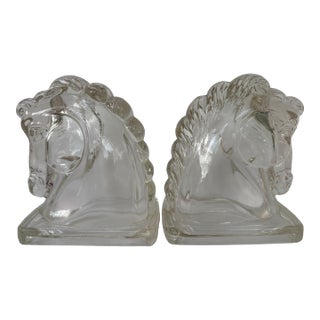 Vintage Federal Glass Horse Head Bookends – Clear Pressed Glass Pair, C. 1940s For Sale