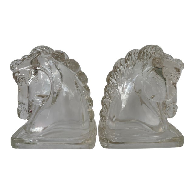 Vintage Federal Glass Horse Head Bookends – Clear Pressed Glass Pair, C. 1940s For Sale