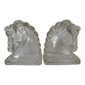 Vintage Federal Glass Horse Head Bookends – Clear Pressed Glass Pair, C. 1940s