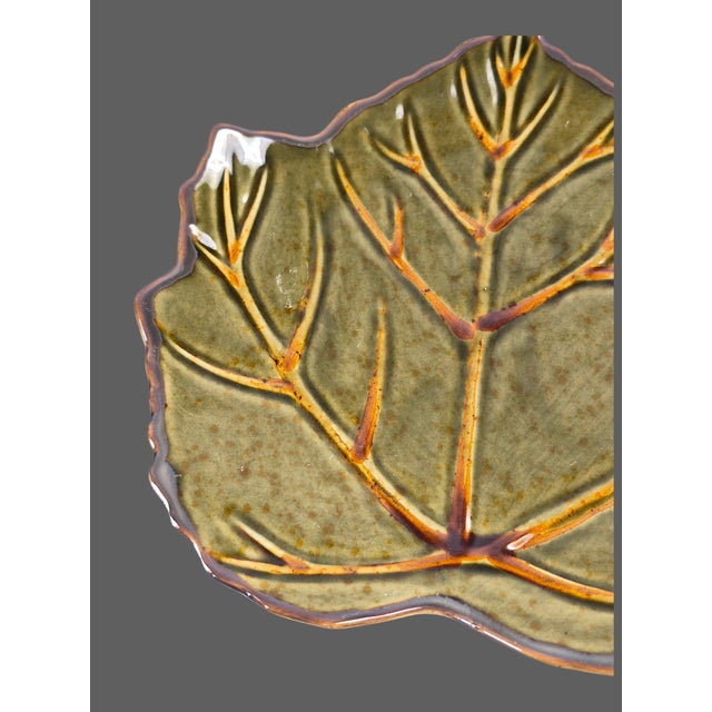 Ceramic Late 20th Century Glazed Stoneware Roscher Leaf Shaped Olive Green Serving Plates - a Pair For Sale - Image 7 of 8