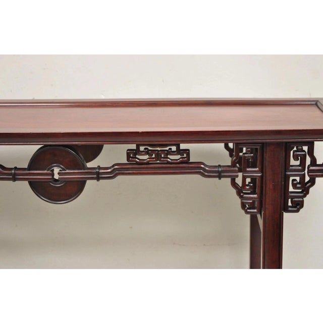 Chinoiserie Vintage Chinese Oriental Fretwork Carved Hardwood Altar Console Hall Table For Sale - Image 3 of 12