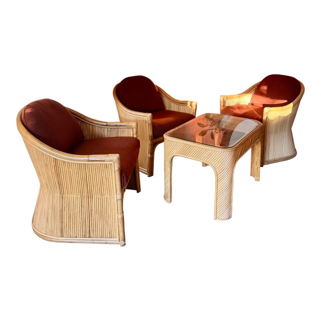 A Set of Three Mid Century Modern Rattan Club Chairs With a Side Table in the Style of Gabriella Crespi, Circa 1970s. For Sale