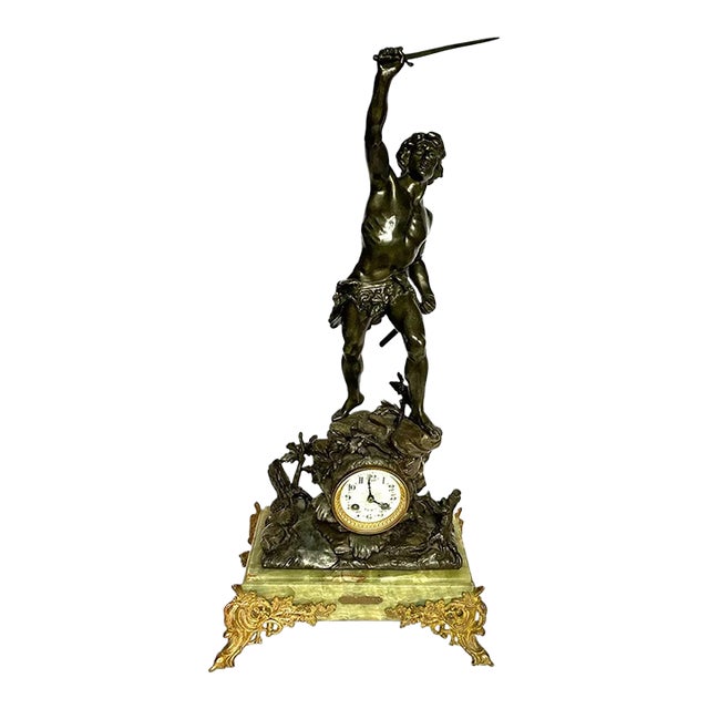 19th Century French Baillon St. Quentin Vincenti Spelter and Onyx Mantel Clock After Emile Laporte For Sale
