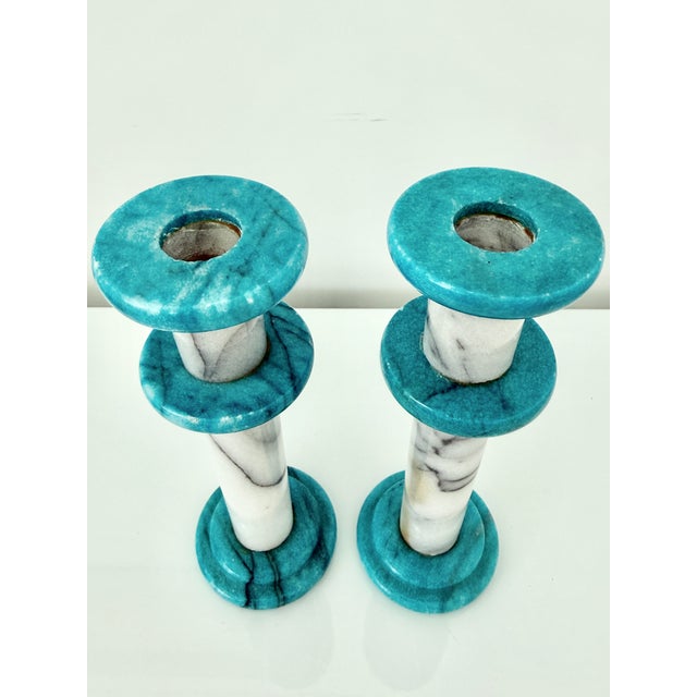 Pair of Postmodern Gray & Turquoise Marble Candlesticks For Sale - Image 4 of 5