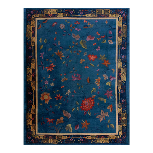 Magistral Ink Blue Color and Different Floral Desing Antique Chinese Art Deco Rug