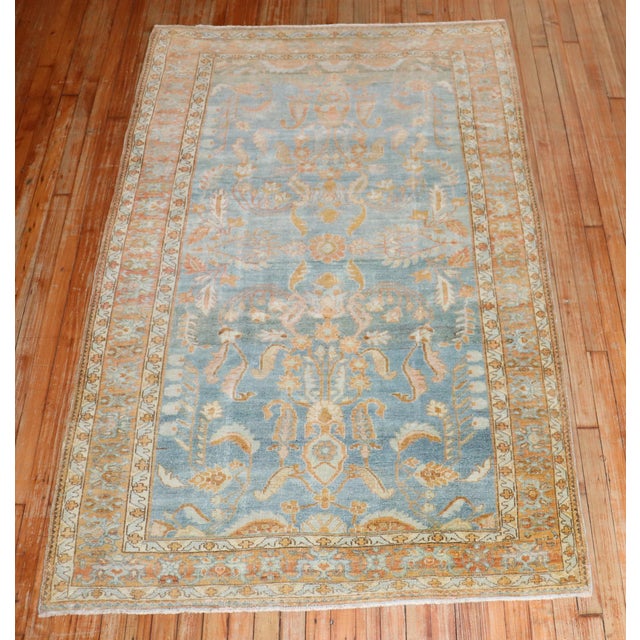 Early 20th Century Zabihi Collection Sky Blue Peach Persian Sarouk Accent Rug - 4'3" x 6'7" For Sale - Image 4 of 10