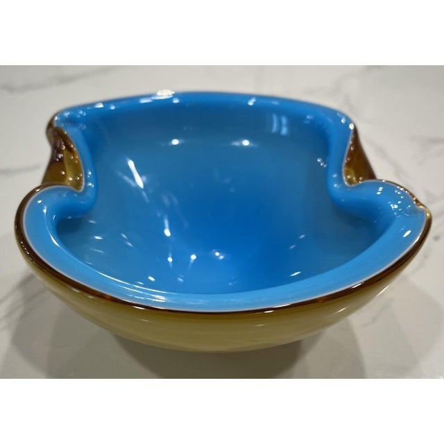 Mid-Century Modern Vintage MCM Alfredo Barbini Murano Art Glass Bowl Ashtray Blue & Brown For Sale - Image 3 of 9