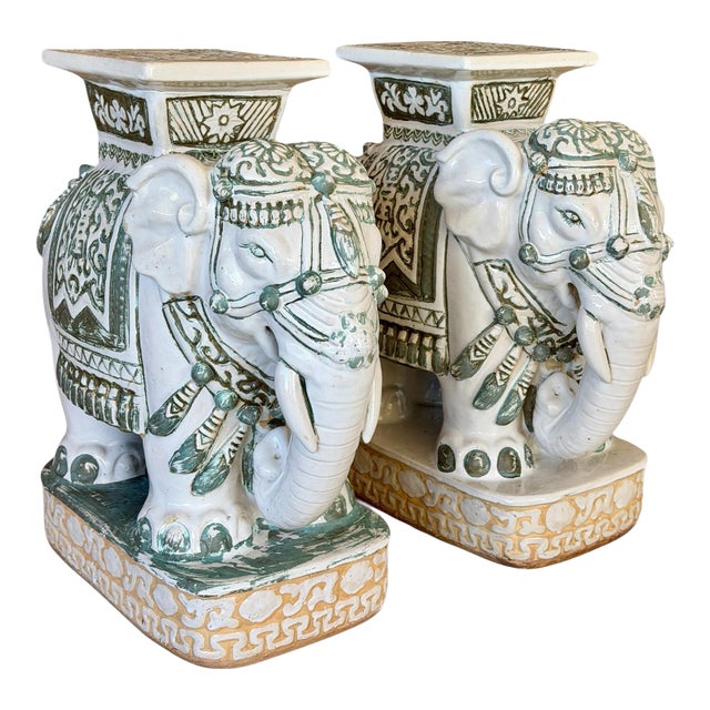Pair Vintage Chinoiserie Regency Glazed Terracotta Ceramic Elephant Garden Seat Side Tables For Sale
