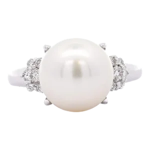 11mm White Cultured Pearl and Round Cut Diamonds in Filigree Platinum Ring Size 7.25