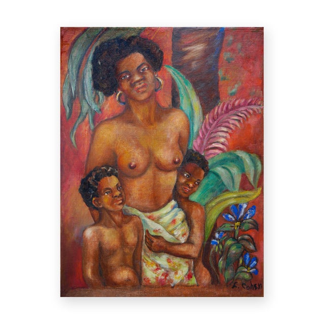 Mid 20th Century F. Cohen Warm-Toned Abstract Figurative Black Art Portrait of a Mother with Children, 20th Century For Sale - Image 5 of 12
