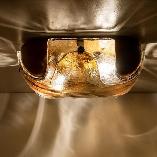 Wood Rounded Angle Wood Smoked Layered Glass Flush Mount attributed to Kaiser, 1960s For Sale - Image 7 of 16