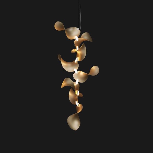 Contemporary Dune 8 Vertical Cluster Pendant Light with Shades in Gold Metallic Tone by Daniel Becker for Moss Objects For Sale - Image 3 of 8