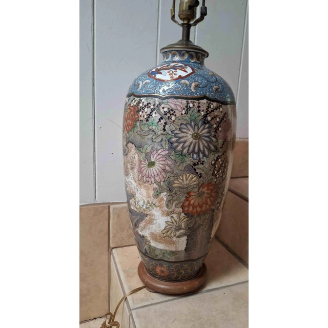 Mid-Century Large Hand Painted Asian Table Lamp Large Hand Painted Asian table lamp with Floral / chrysanthemum design...