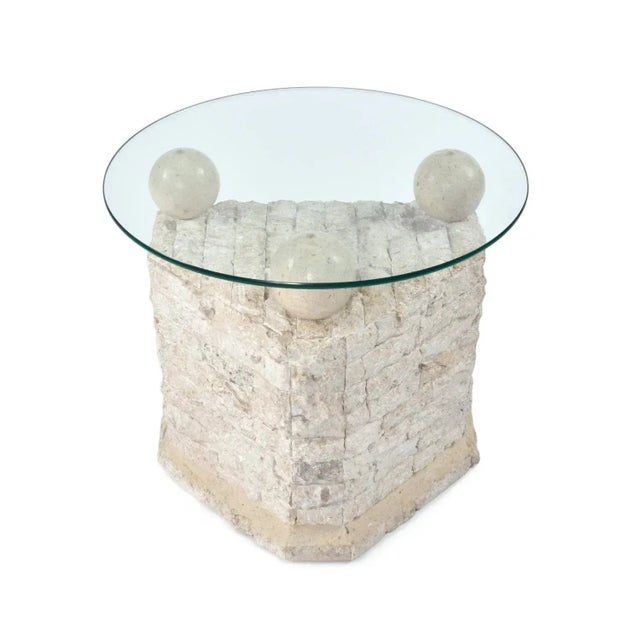 Alabaster Pair of Tessellated Mactan Stone Side Tables With New Round Glass Tops For Sale - Image 8 of 13