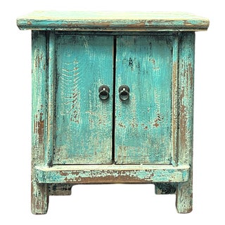 16.25" Distressed Light Blue 2 Doors End Table Nightstand Chest For Sale