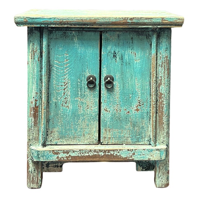 16.25" Distressed Light Blue 2 Doors End Table Nightstand Chest For Sale
