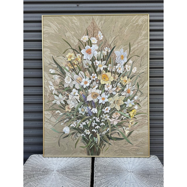 Boho Chic Framed Signed Wainwright Floral Painting Titled "Spring Flowers With Winter Leaf," Dated Jan '75 For Sale - Image 3 of 5
