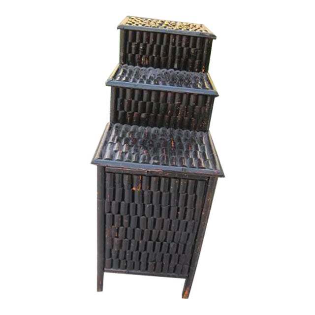 1970s Burnt Bamboo End Table 3 Tier 2 Door and 2 Drawer Dark For Sale
