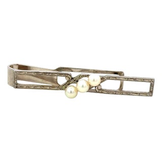 1990s Mikimoto Akoya Pearl Mens Tie Clip 5 mm Sterling Silver Estate For Sale