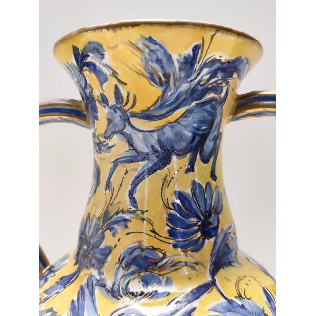 Ceramic Vintage Handmade Yellow and Blue Glazed Ceramic Amphora Vase by Zulimo Aretini, Italy, 1950s For Sale - Image 7 of 15