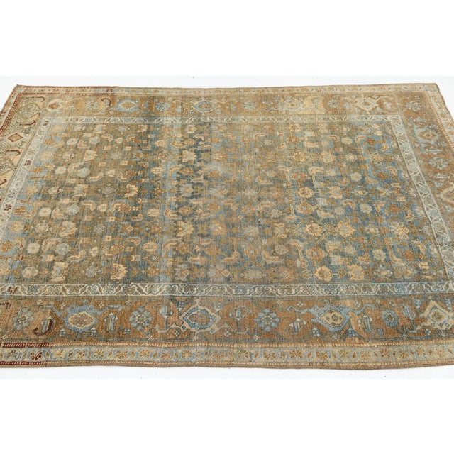 Modern Antique Malayer Wool Rug With All-Over Botanical Motif in Muted Blue & Ochre For Sale - Image 3 of 9