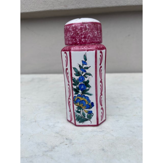 French Faience Tea Canister Chinoiserie Emile Tessier Malicorne Circa 1930. H / 5.7 inches.