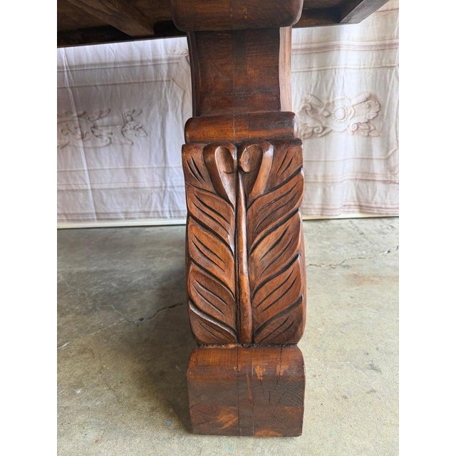 Spanish Colonial Revival Walnut Dining Table With Hand-Carved Scroll For Sale - Image 15 of 17