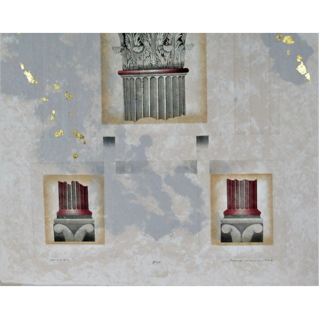 This artwork titled "Palladio" 1991 is a color etching, with embossing and gold addition on handmade paper, with deckle...