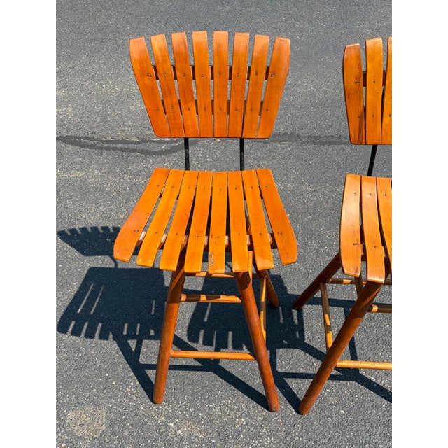 Pair Original MCM Arthur Umanoff Style Wood Slat Stools For Sale In Philadelphia - Image 6 of 7