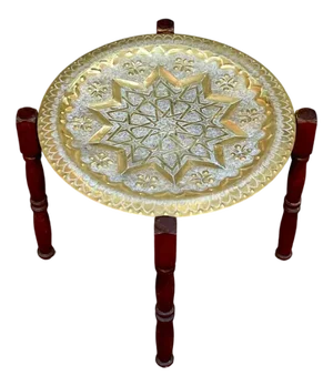 Vintage Moroccan Tea Tobacco Engraved Brass Tray Top Table, 1970s