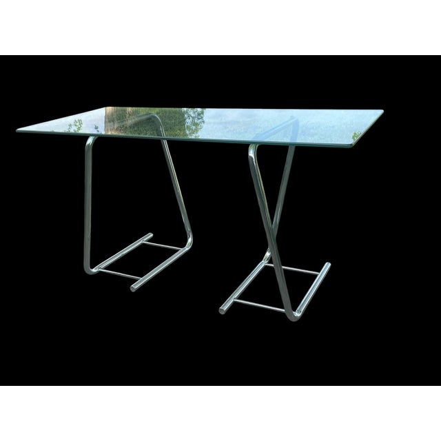 Mid-Century Modern 1970's Chrome Paperclip Tubular Tresles With Glass Top Table For Sale - Image 3 of 14