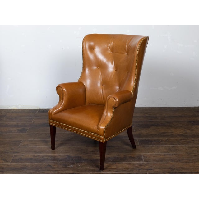 English Brown Leather Wingback Chair with Brass Nailhead Trim, circa 1930-1940 For Sale - Image 10 of 12