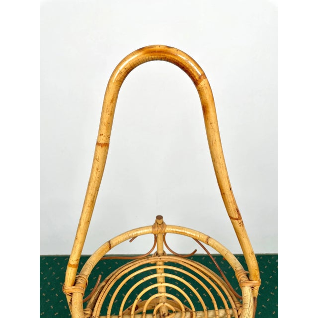 Bamboo Rattan Round Serving Bar Cart & Bottle Holder, Italy, 1960s For Sale - Image 9 of 11