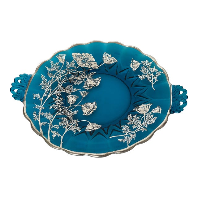 Art Nouveau Blue Glass Plate With Silver Poppies For Sale