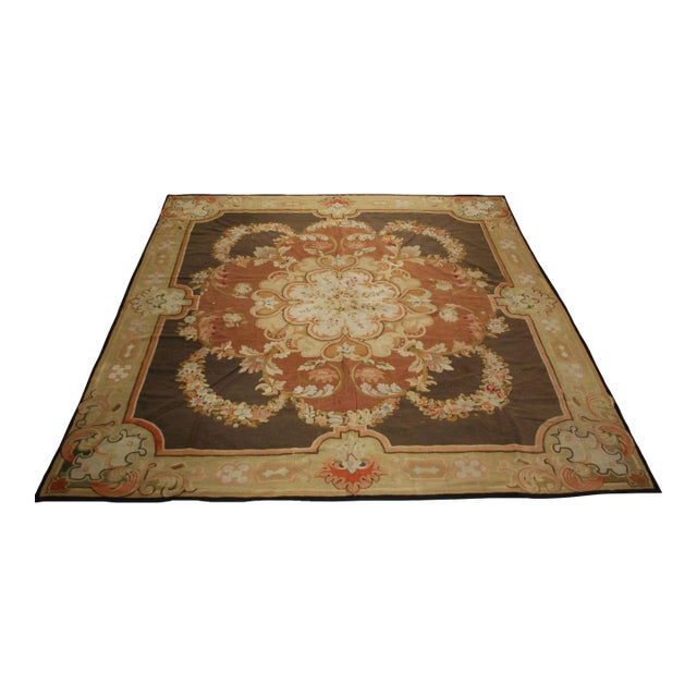 Antique Oversized French Aubusson Square Rug in Floral Medallion - Rug & Kilim For Sale