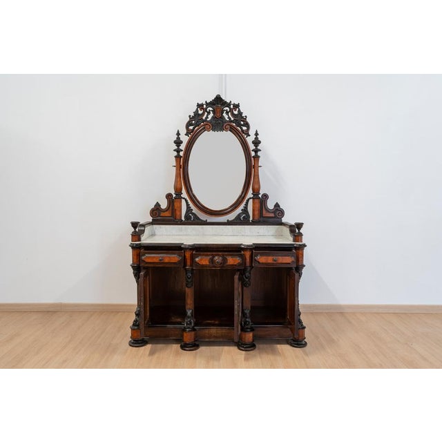 Great romantic dressing table made with fine woods. Oval tilted mirror on white marble countertop and furniture divided...