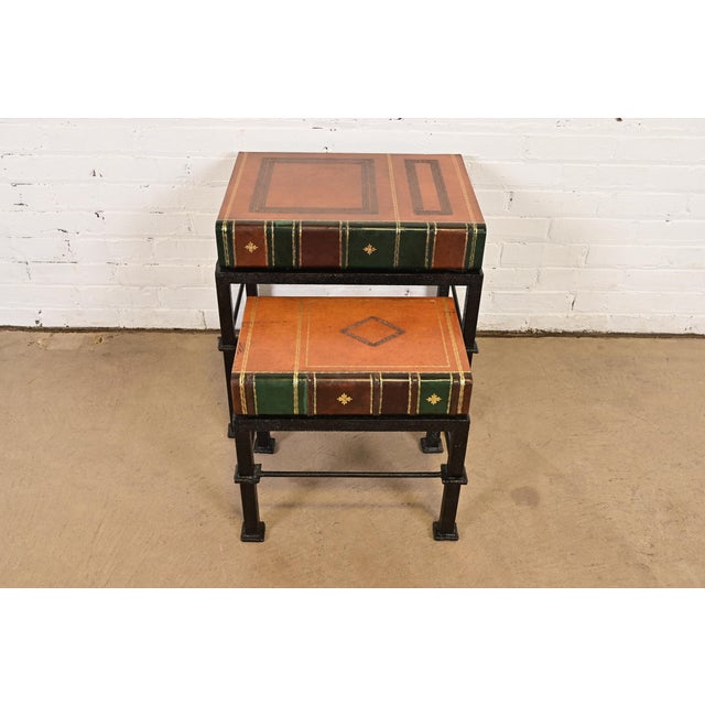 English Maitland Smith Trompe l'Oeil Leather Book Nesting Tables, Set of Two For Sale - Image 3 of 12