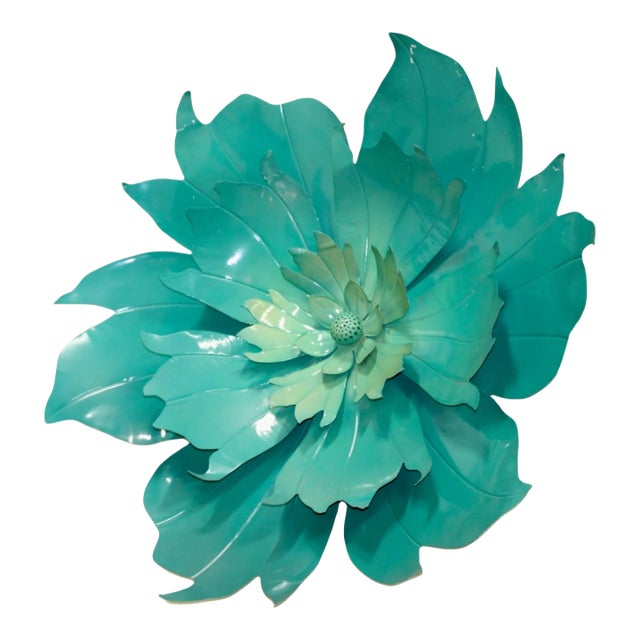 Large Teal Blue Sculptural Metal Flower Wall Art For Sale